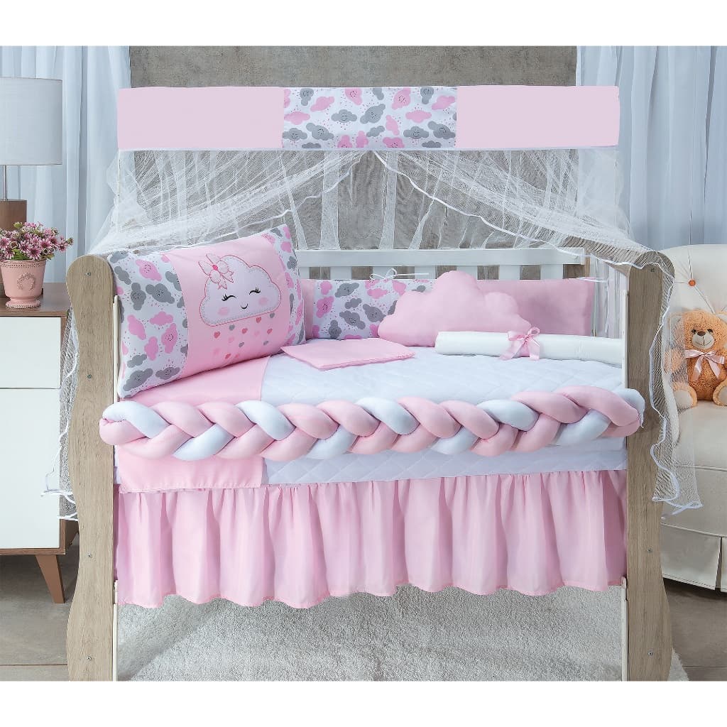 Kit Berço Americano Trança 11 Peças Nuvem Rosa Para Bebê Menino e Menina Completo