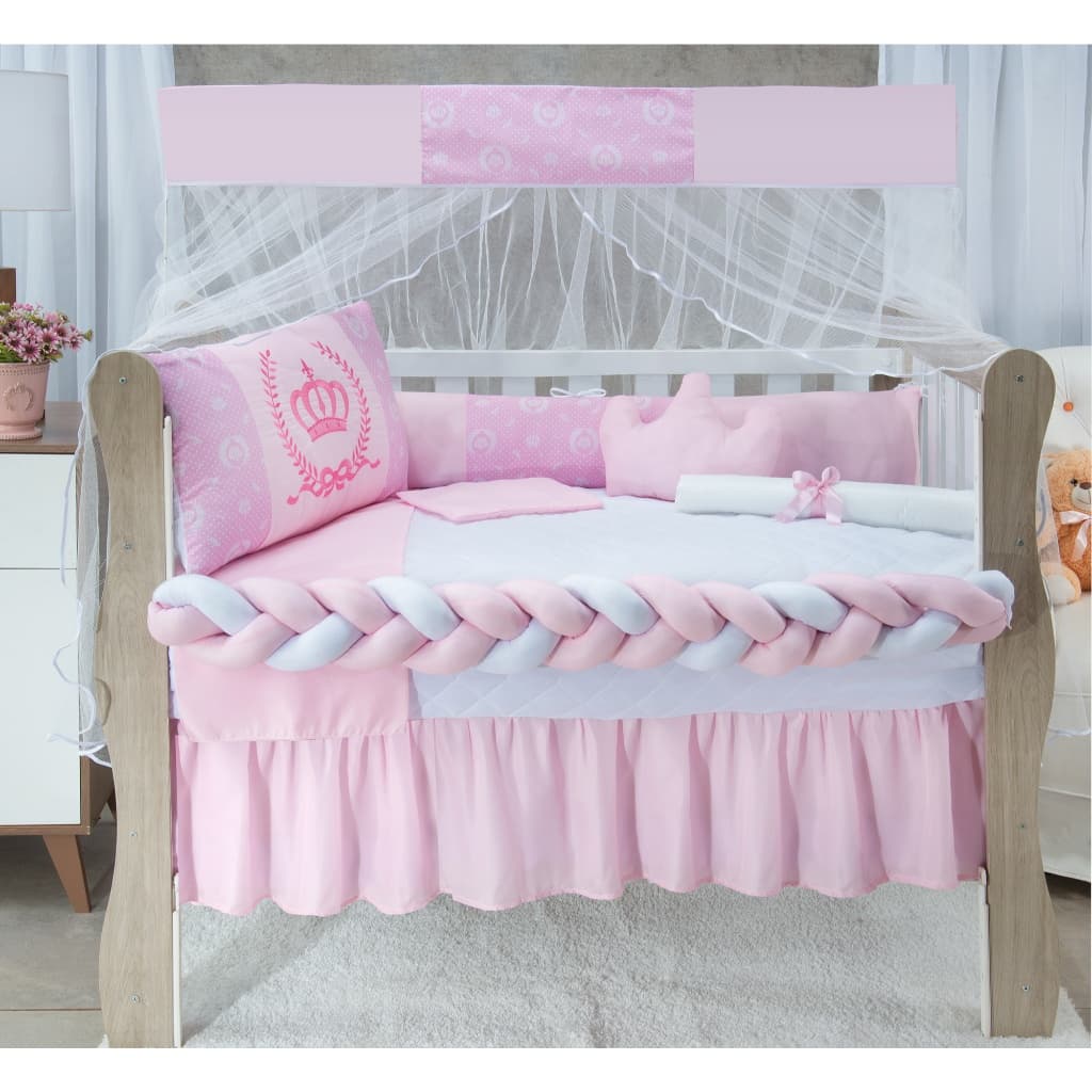 Kit Berço Americano Trança 11 Peças Coroa Rosa Para Bebê Menino e Menina Completo