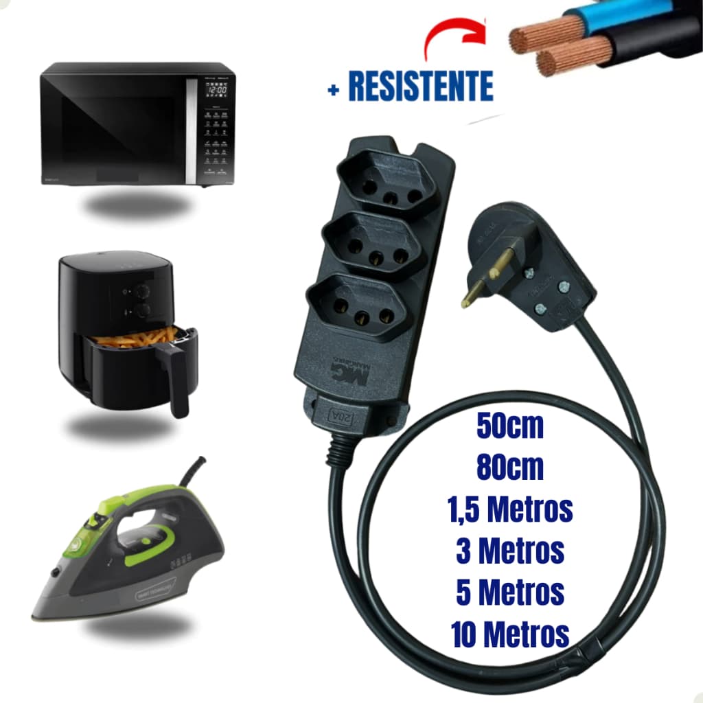 Extensão De 3 Tomadas 10/20 Amperes Com Desconto 150cm/80cm/1,5/3/5/10 Metros