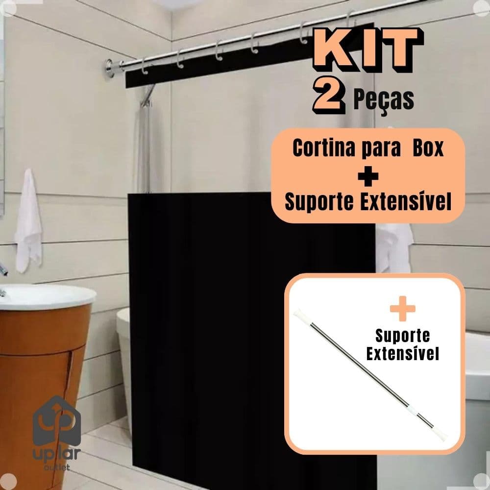 Cortina Box Banheiro Com Visor Lisa Antimofo C/ Ganchos + Suporte de Cortina