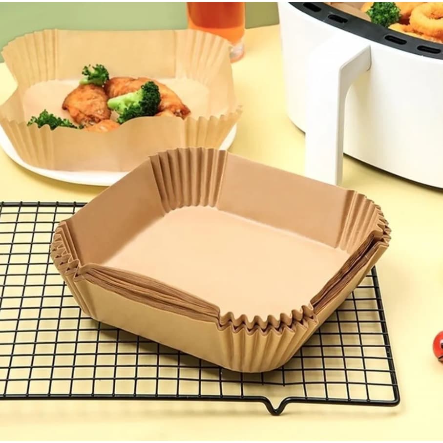 Forma Airfryer Descartável Quadrada 20 cm Antiaderente P/ Cozimento Papel Fritadeira Protetor Forro