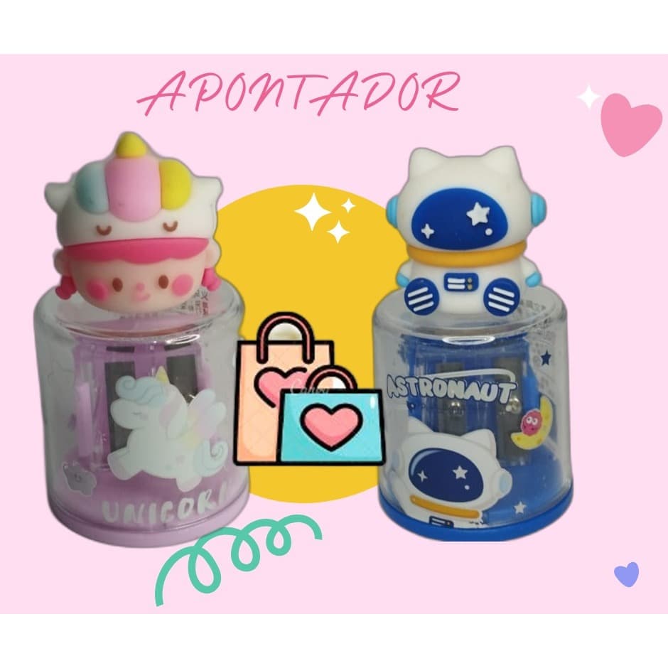 Apontador de Lápis do Astronauta, Unicórnio, Foguete e Coelhinho com Furo Duplo
