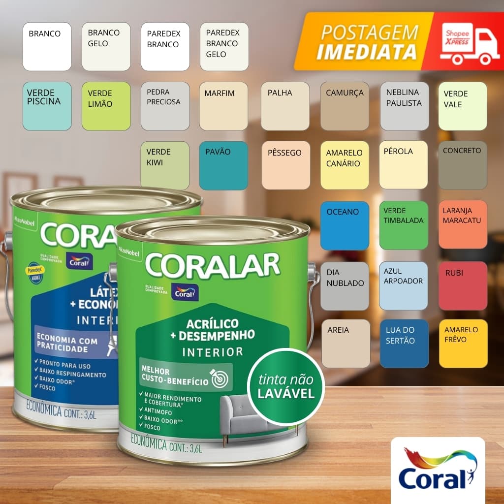 Tinta Coralar Anti Mofo Acrilica Parede e Teto 3,6 Litros Escolha A Cor Fosco Interior Cores Coral