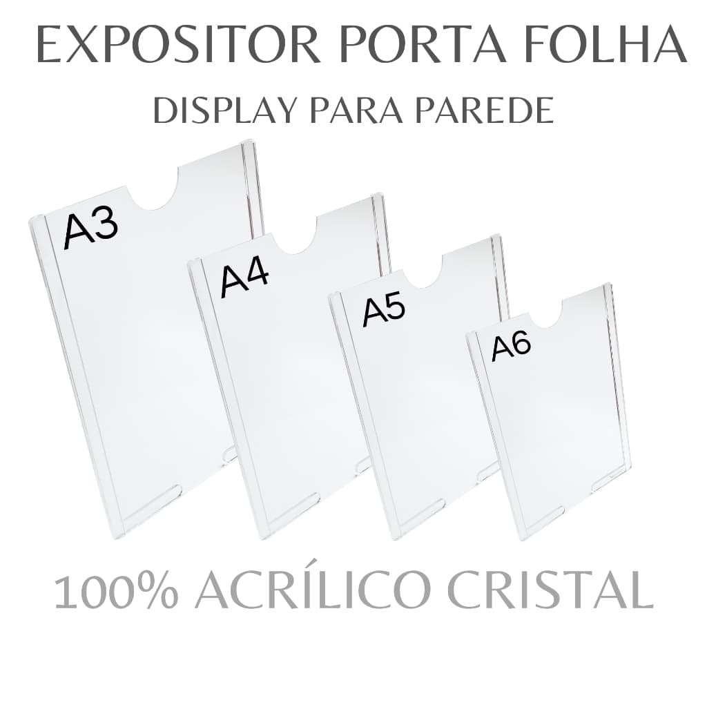Placa Porta Folha de Papel em Acrílico Cristal Vertical  Expositora para Parede ou Porta
