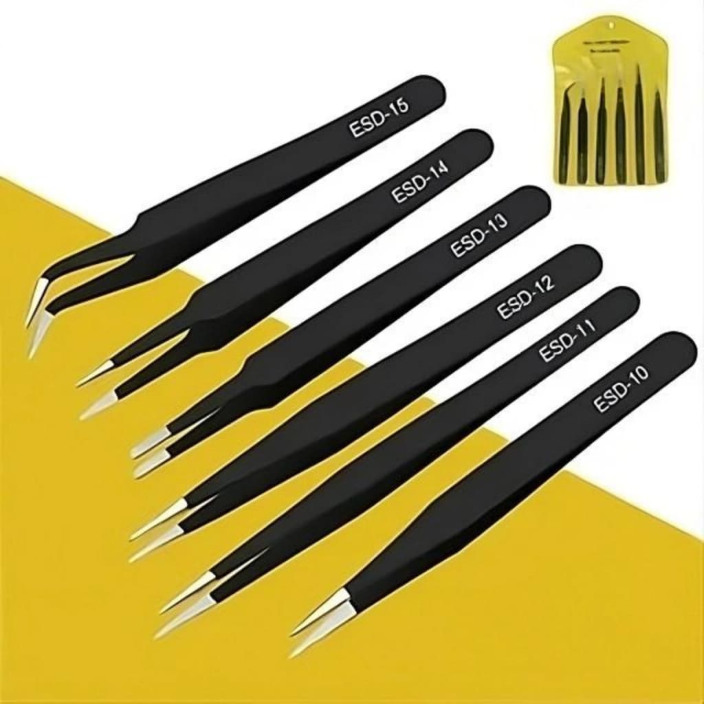 Kit Jogo De 6 Pinças Anti Estática Ferramenta Precisão Profissional Aço Inoxidável Reparo Eletrônico