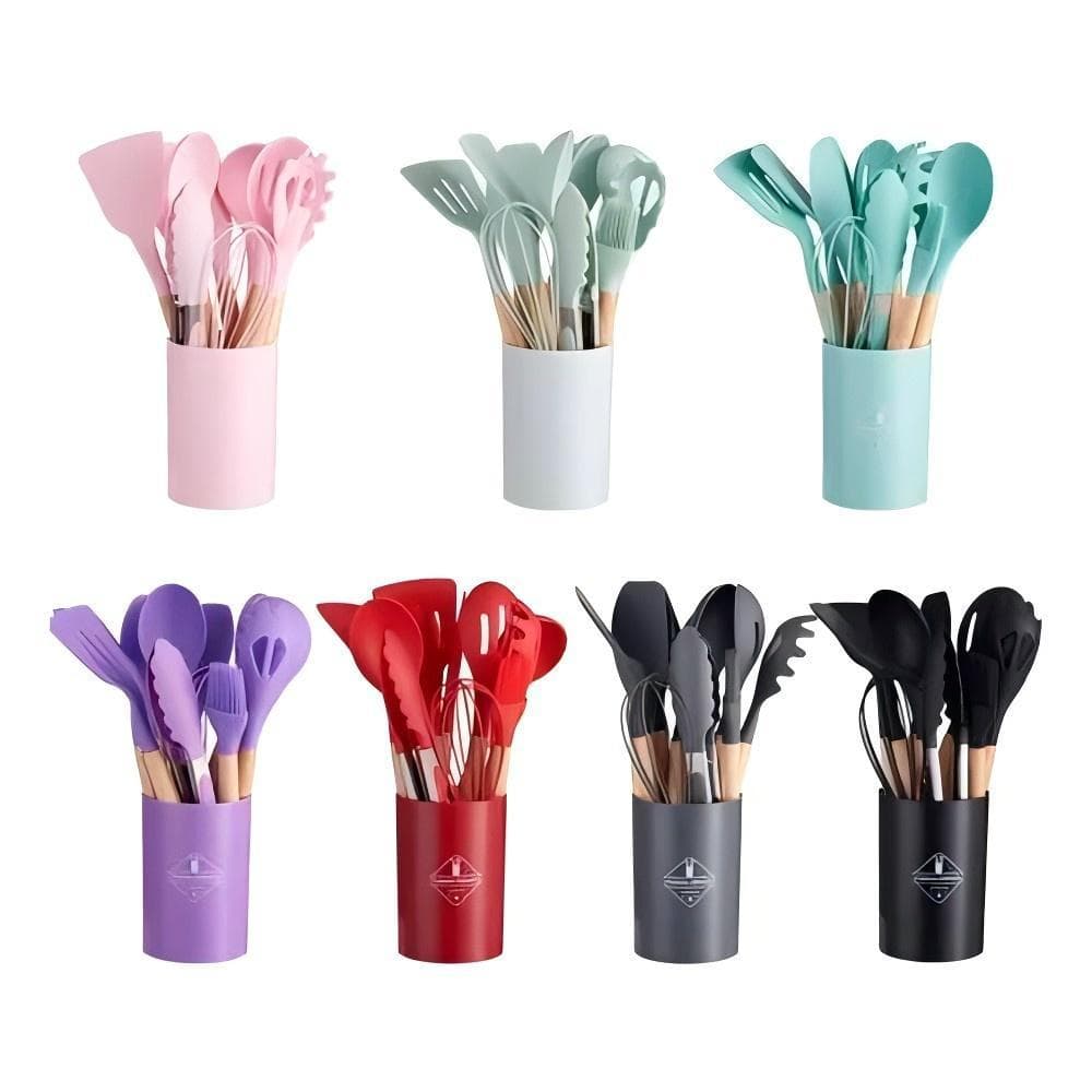 KIT 12 Peças de Utensílios Para Cozinha em Silicone e Bambu