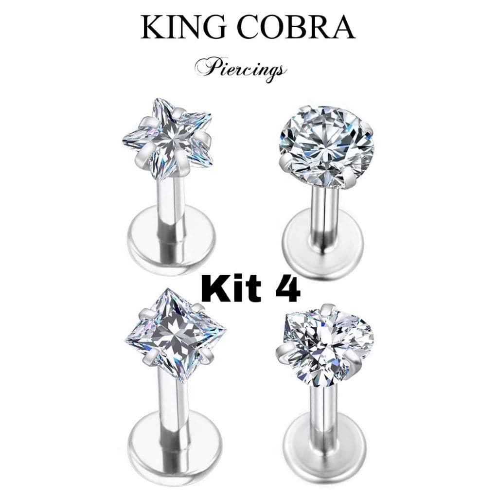 Kit 4 Piercing Labret Zircônia Aço Cirúrgico | Helix, Tragus, Conch, Nariz, Boca-Medusa Piercing de Orelha Tragus KA501
