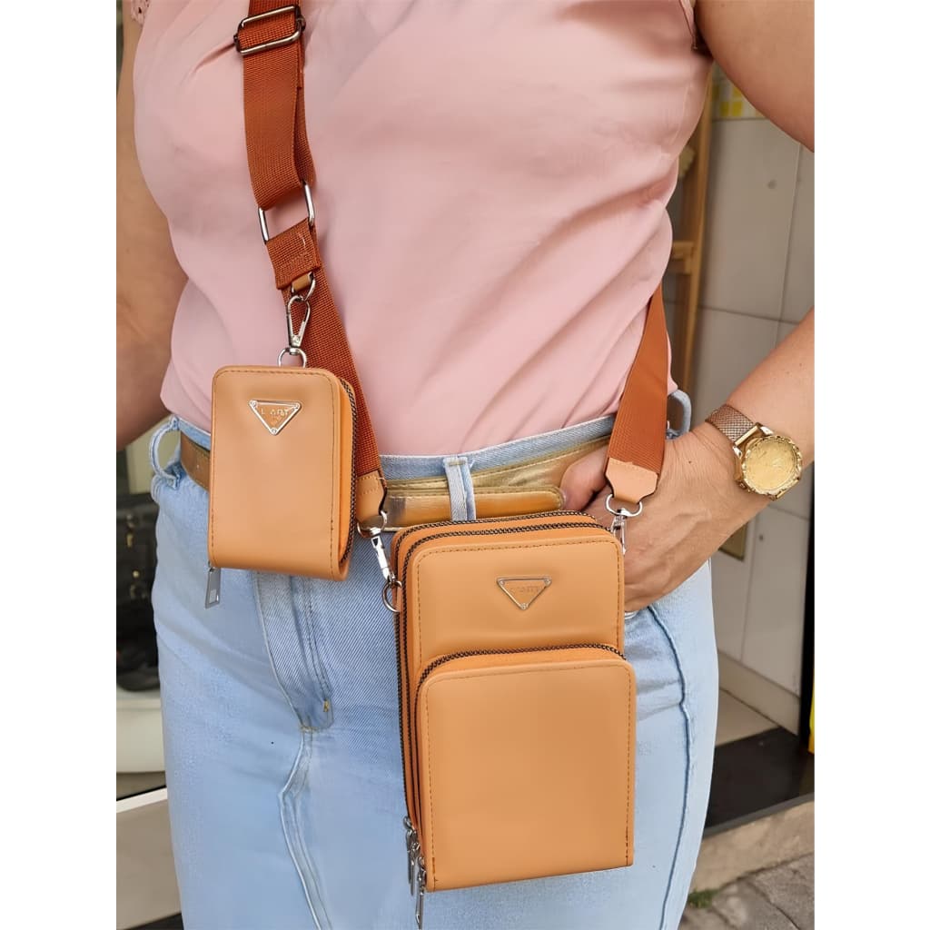 Bolsa carteira porta-celular 3zíper 3divisórias  tiracolo alça transversal ajustável porta-cartões com bolsinha de moeda