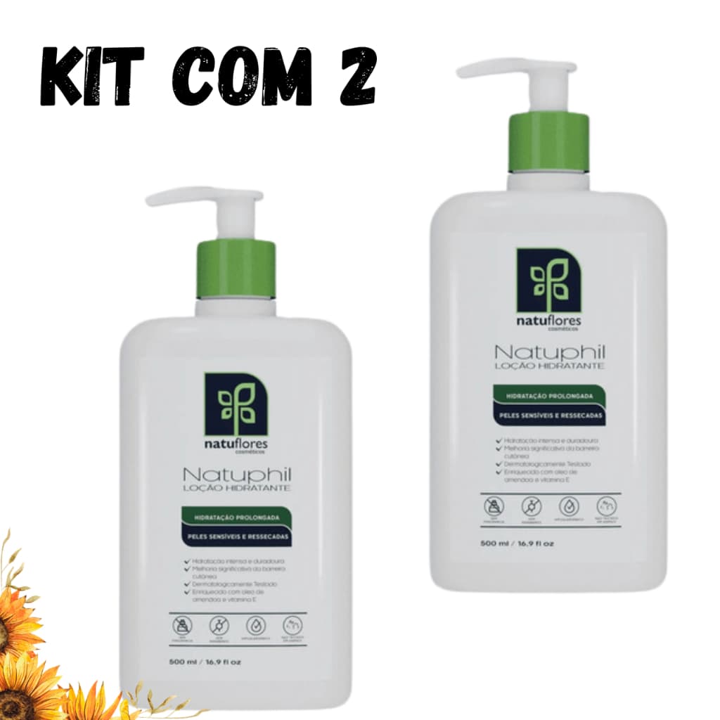 Kit Loção Hidratante Corporal Natuphil 500ml Natuflores Fórmula Vegana e Hipoalergênica Para Peles extremamente Secas
