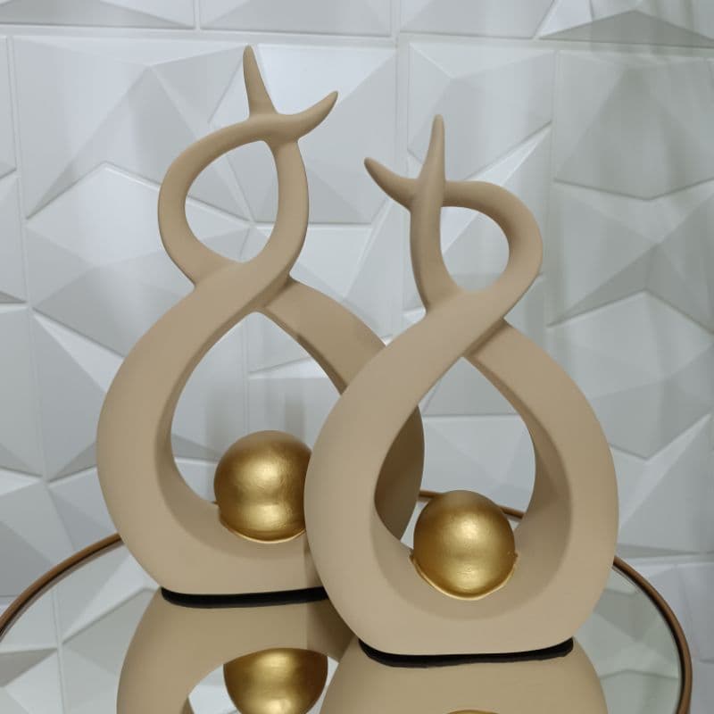 Par de Esculturas de Louças Abstratas Decoração para casa  – Esfera Dourada Bege Luxo
