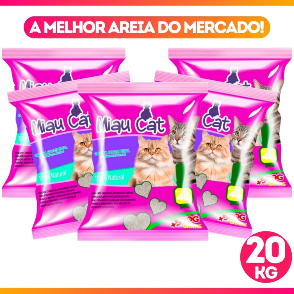 Kit Fardo 5 Pacotes 4KG de Areia Sanitária Granulado Forma Torrões Miaucat Perfumado Lavanda 20KG