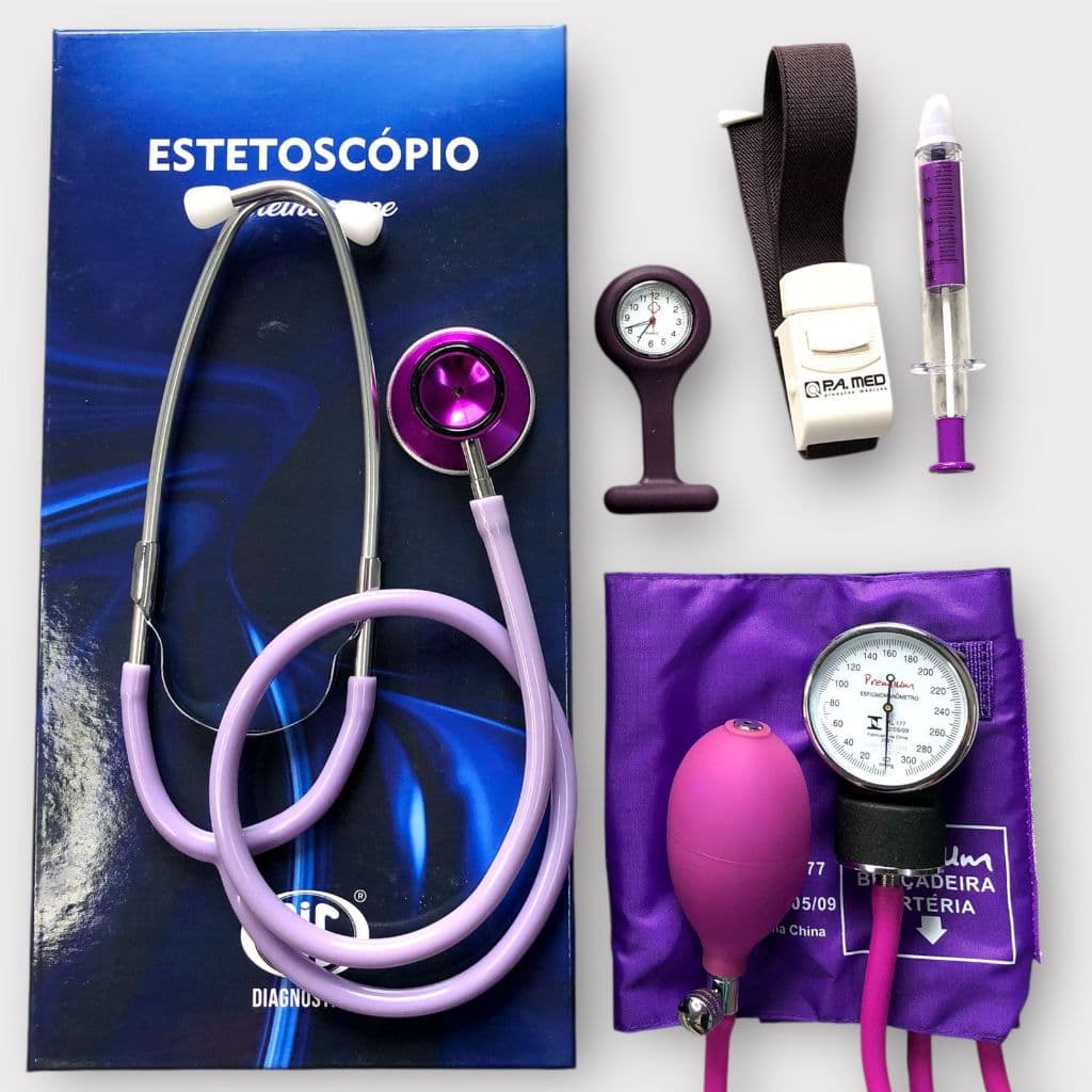 Kit de enfermagem bronze roxo para estágio estetoscópio + esfigmomanômetro, relogio, garrote caneta