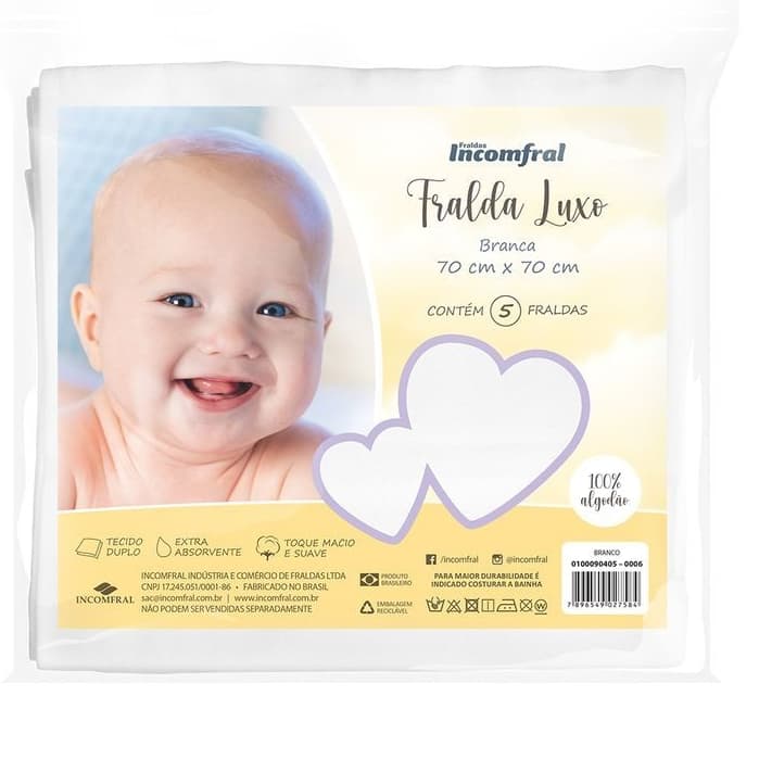 Kit Fralda com 5 Unidades Luxo Branca Incomfral