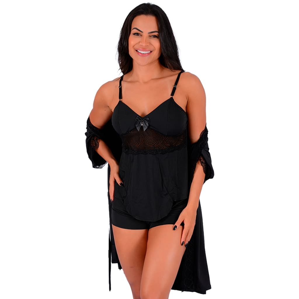 Kit Robe Kimono mais Short Doll Baby Feminino Microfibra e Renda | 0836.850