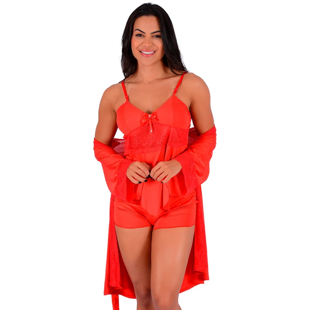 Kit Robe Kimono mais Short Doll Baby Feminino Microfibra com Renda | 0836.850