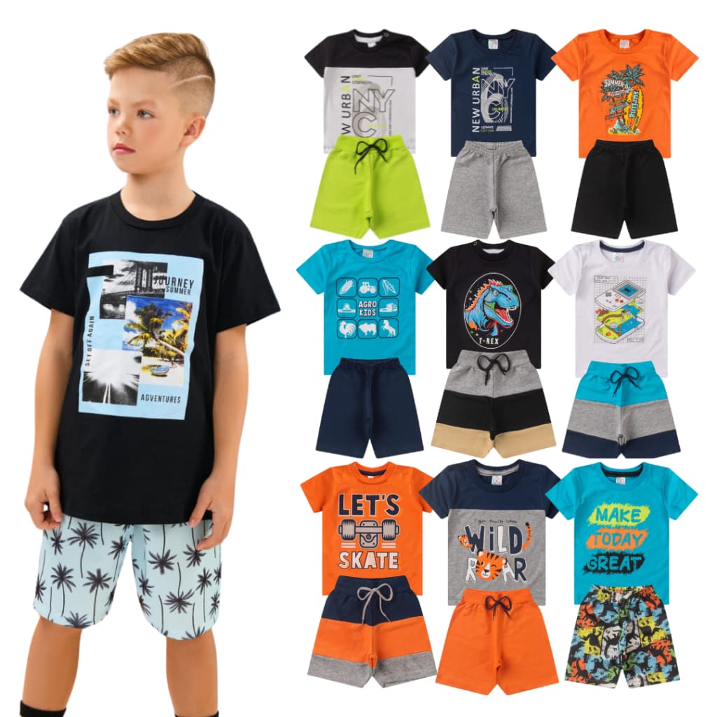 Kit de 2, 4 ou 10 Peças Roupa Infantil Menino Conjunto Verão Criança Masculino Tamanho 1 ao 16