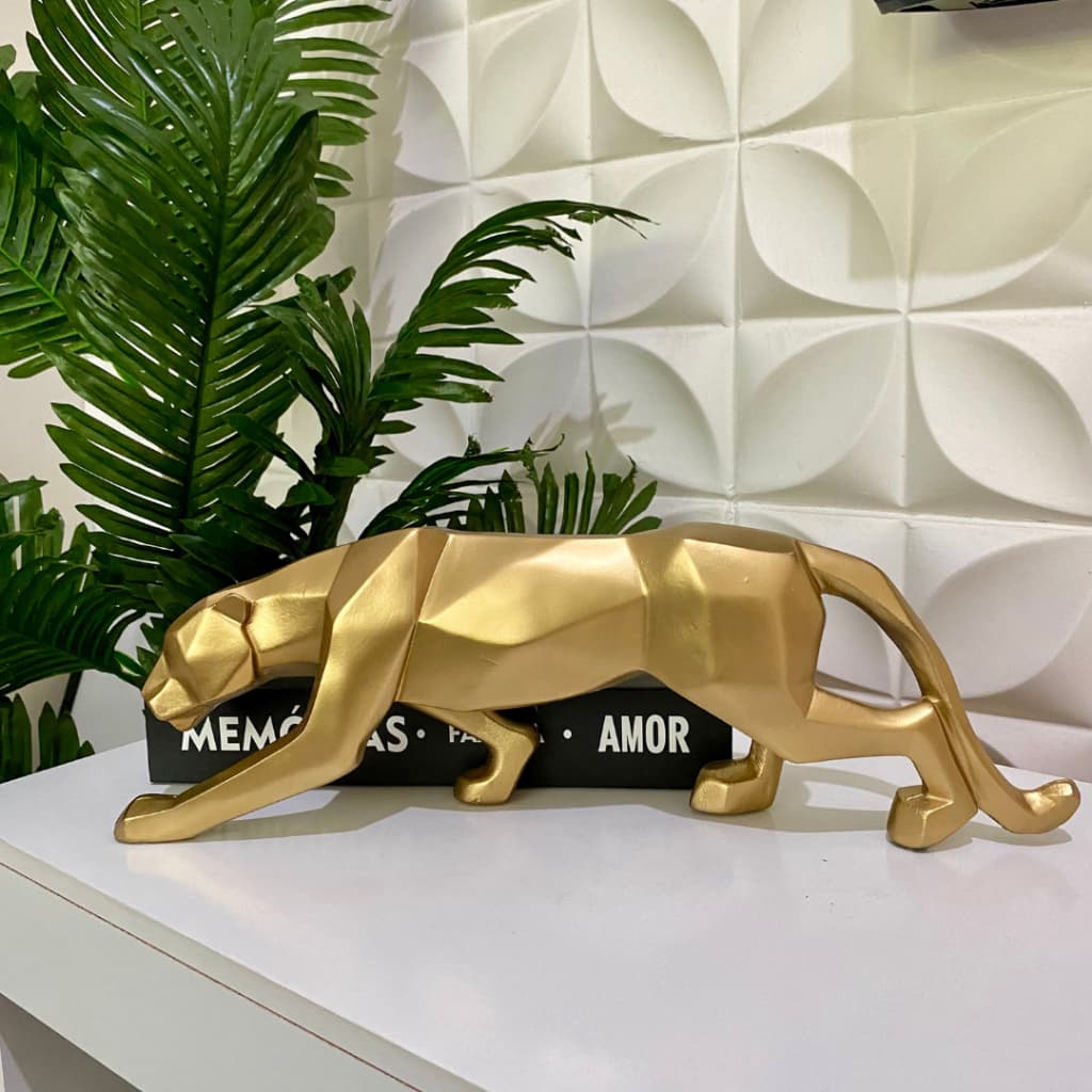 Pantera Geométrica Dourado Moderna 42cm Decoração Escritório Enfeite Casa Quarto
