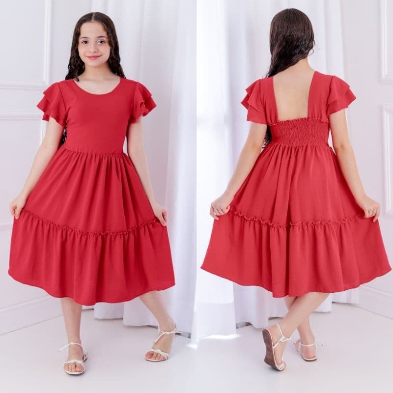 Vestido feminino Longo Juvenil (6 ao 14) Manga Babado e Costa com Lastex Black Friday