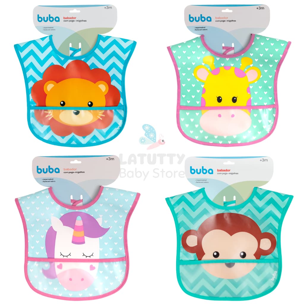 Babador Infantil Impermeavel Buba Com Bolso Pega Migalhas Leao Girafa Macaco Unicornio