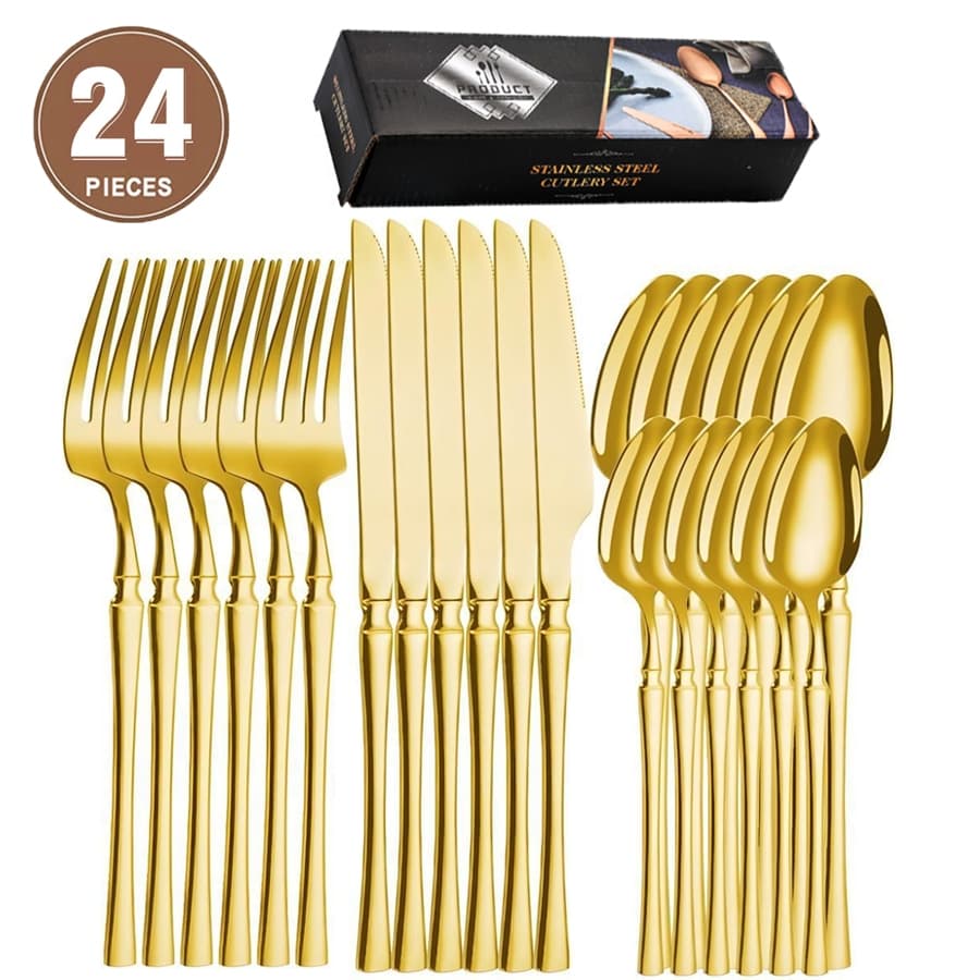 24 Peças Talheres Dourado de Aço Inox Garfo Colher Faca Colher De Mesa