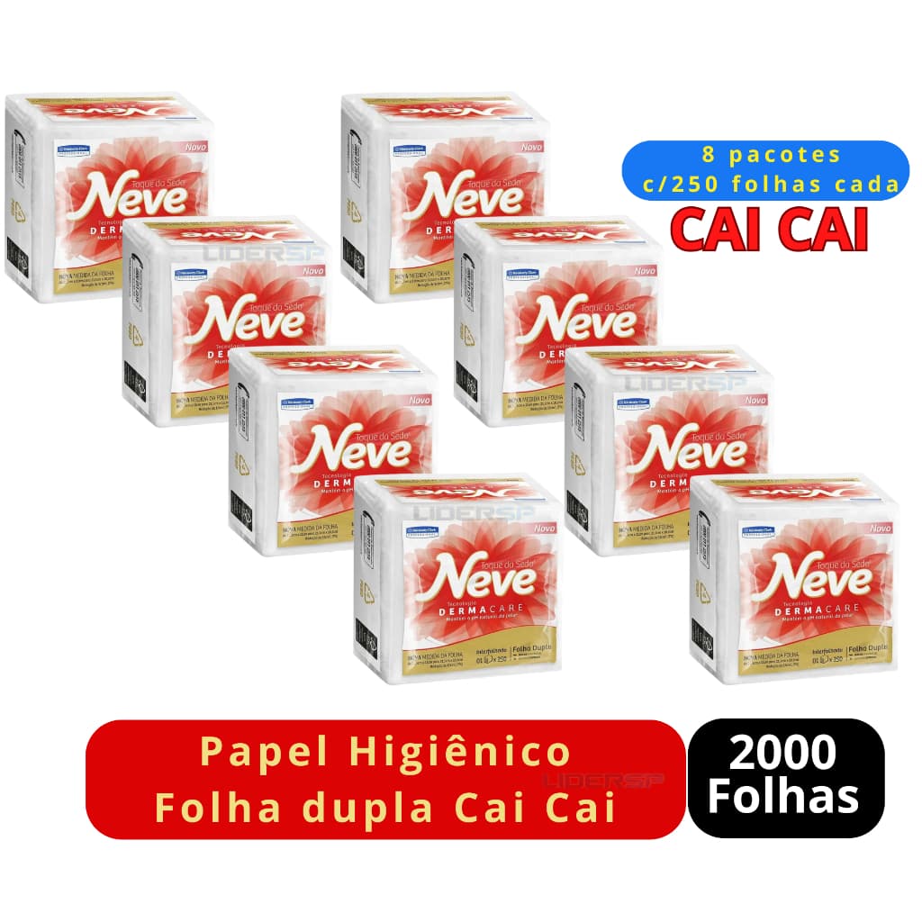 Papel Higienico Neve Cai Cai Folha Dupla Kit com 8 pacotes - Total 2000 Folhas