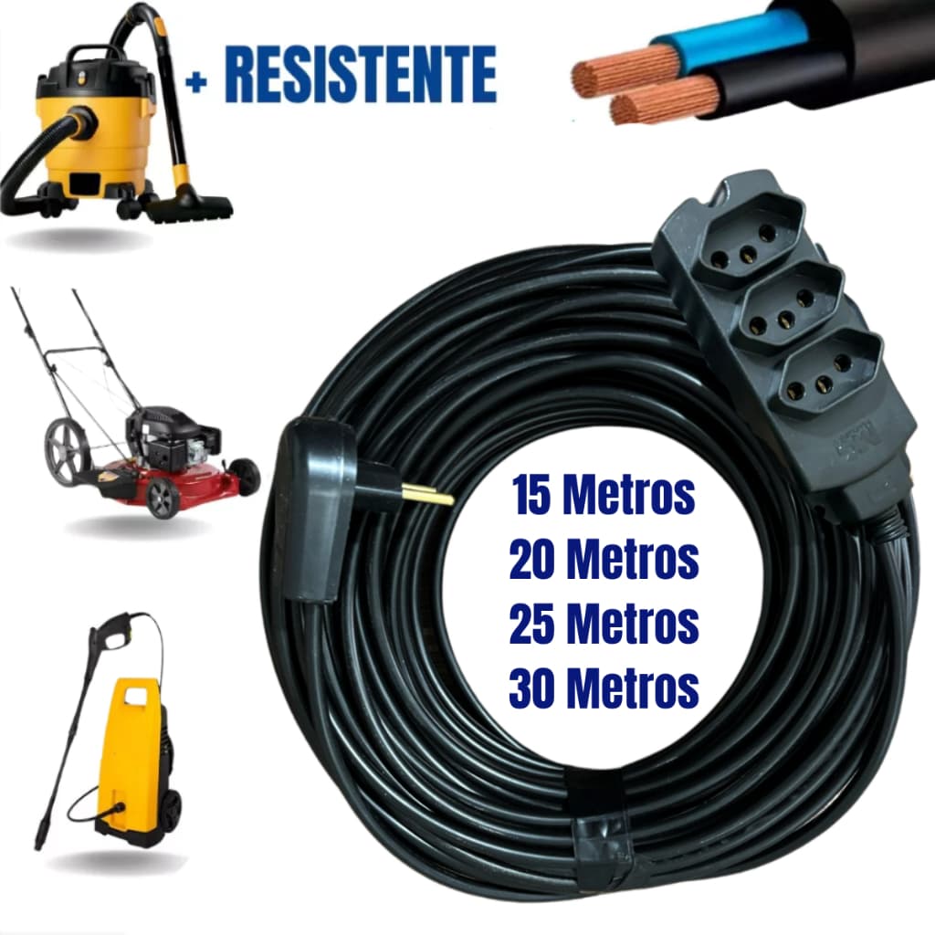 Extensão Elétrica Grande 3 Tomadas 15/20/25/30 Metros Reforçada 10/20a Bivolt