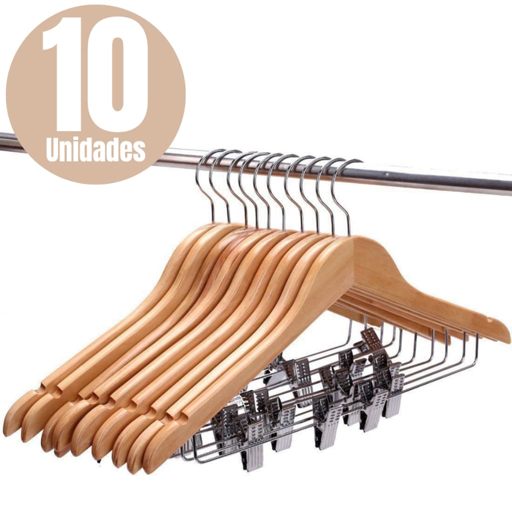 Kit 10 Cabides Madeira Presilha Marfim Envernizado Premium Adulto Saia Vestido Calça Bermuda