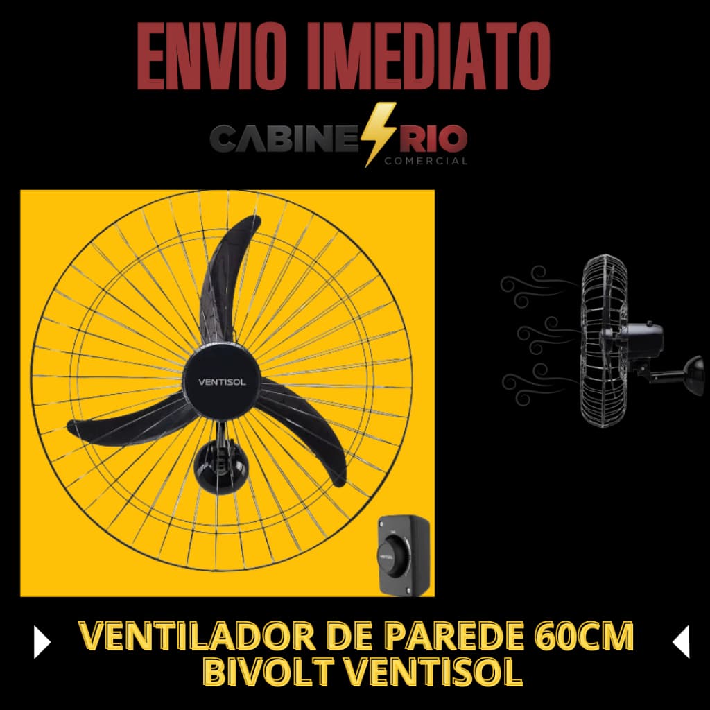 Ventilador de parede oscilante 60 cm Preto Biv 110V/220V - Ventisol