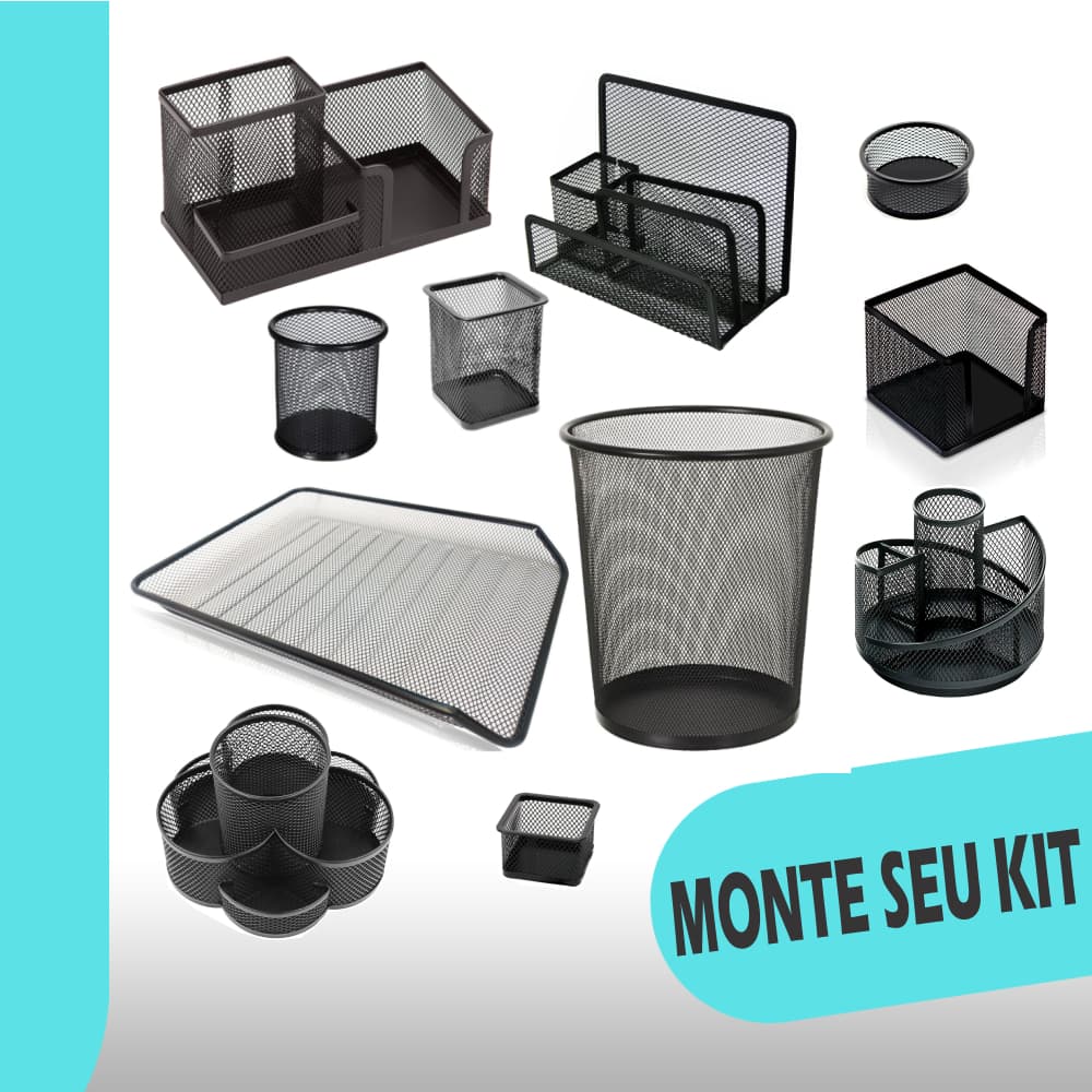 Organizador De Mesa Escritório Aramado Bandeja Cesto Porta Caneta Lápis Clips Giratório Preto