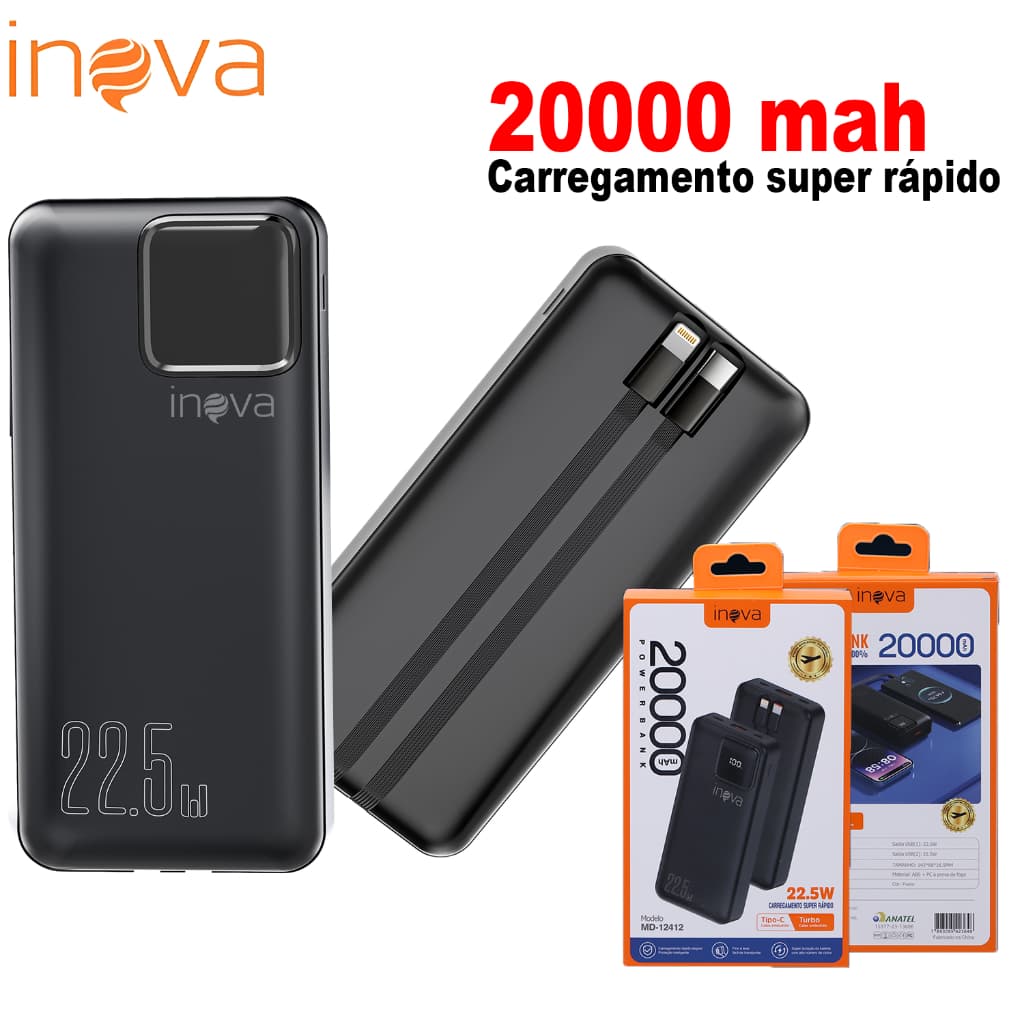 Inova carregador portátil 10000/20000mah Power Bank Turbo Com Tela LED 100% Original tipo C para iphone