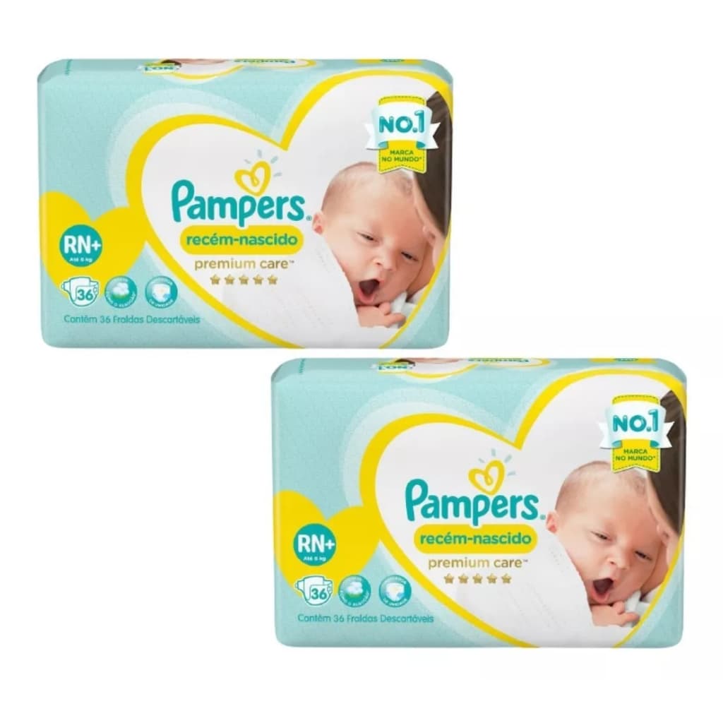 Kit 2ptes Fraldas Pampers RN Premium Care até 6kg 36un cada - Total 72un
