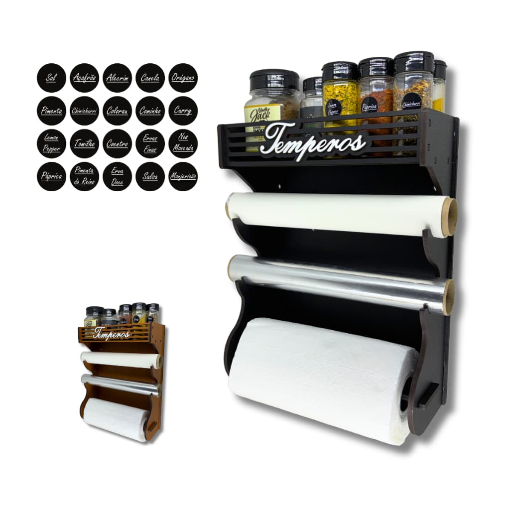 Porta Temperos Parede com Porta Potes e Porta Papel Alumínio, Papel Toalha e Papel Manteiga.