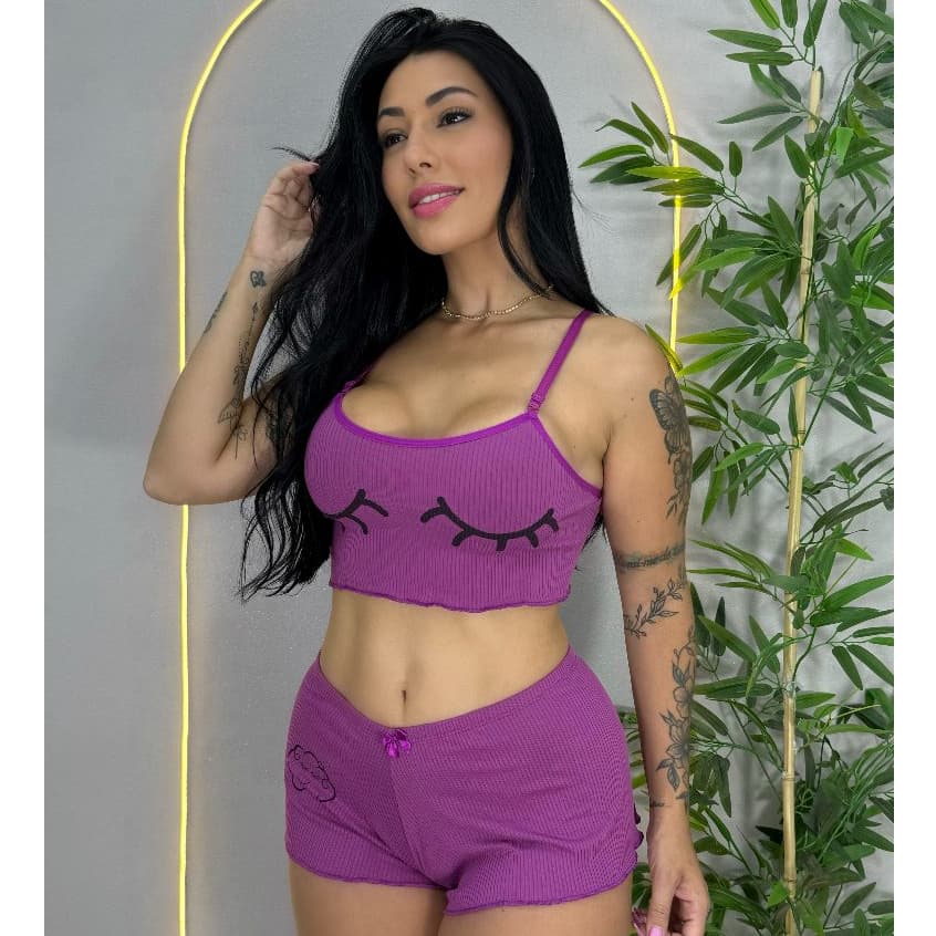 Baby doll Conjunto Canelado Liso Pijaminha Roupa de Dormir Estampado Pijama Ribana Cropped