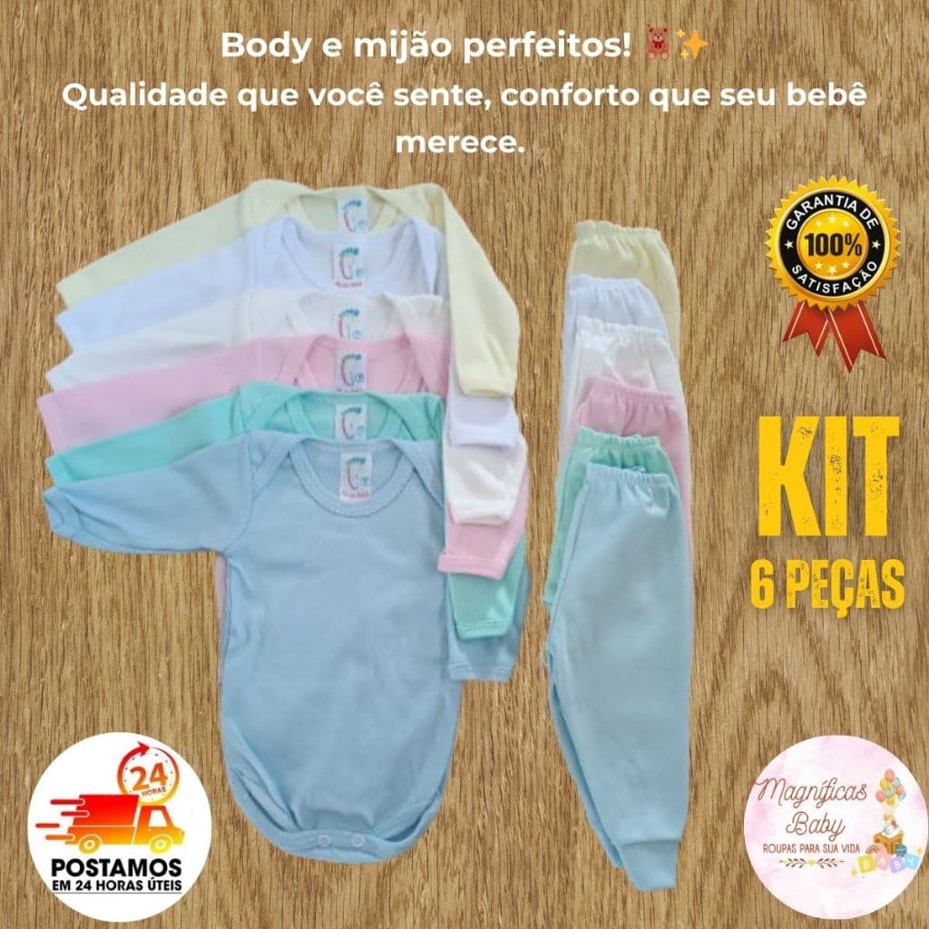Kit 6 peças Bebê 3 Conjuntos Body manga longa e Mijão Malha Canelada Roupa de Bebê confortável barato