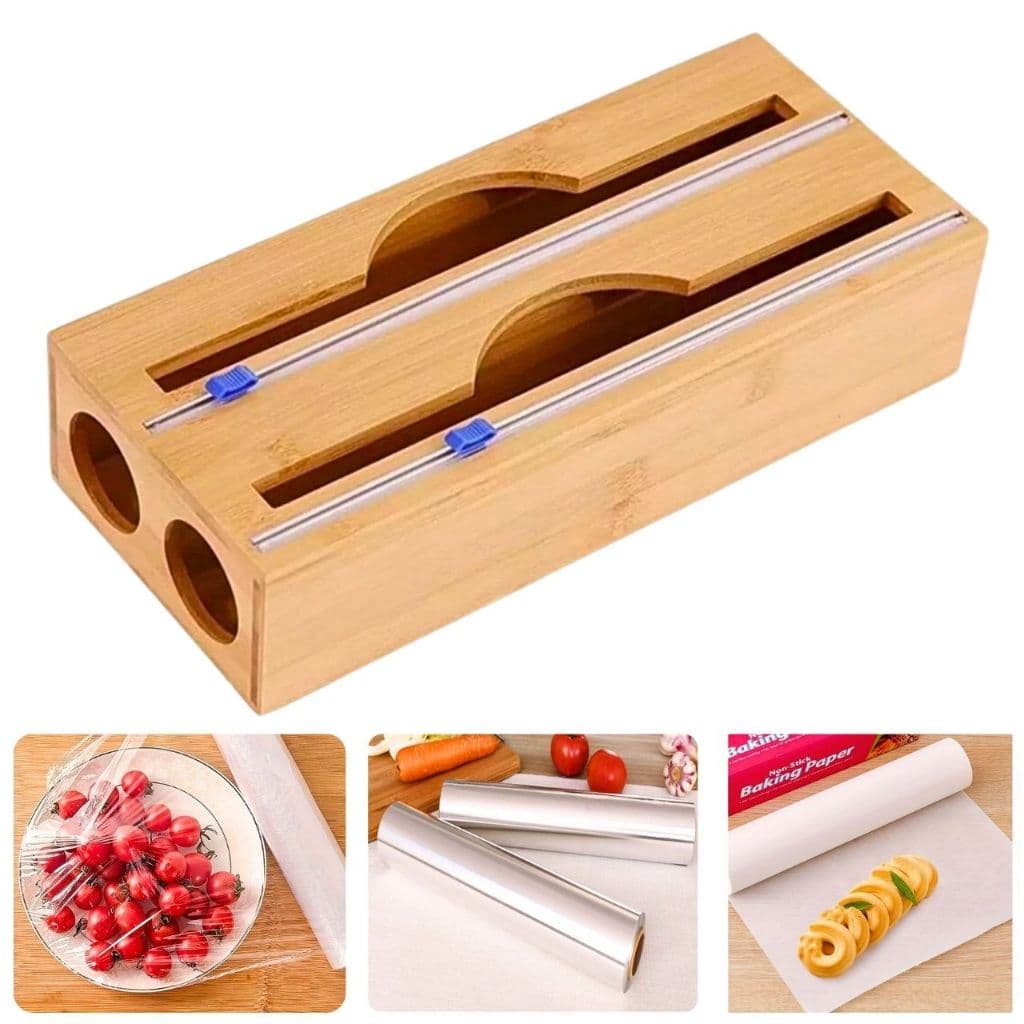 Porta Rolo Duplo Organizador Bambu Papel Aluminio Filme PVC Cortador Dispenser Cozinha Suporte Mimo