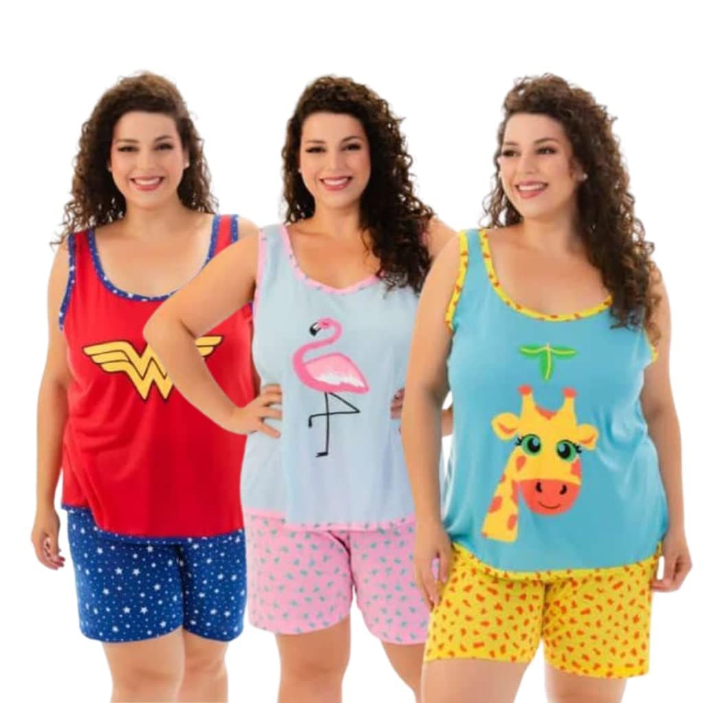 Pijama Adulto Feminino Regata Curto Verão Personagens Plus Size