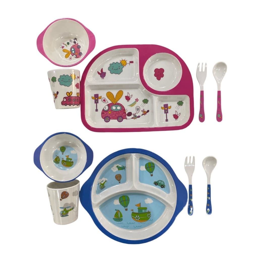 Kit Infantil Refeição com 5 Peças 2 pratos , garfo, colher e copo ( melamina )