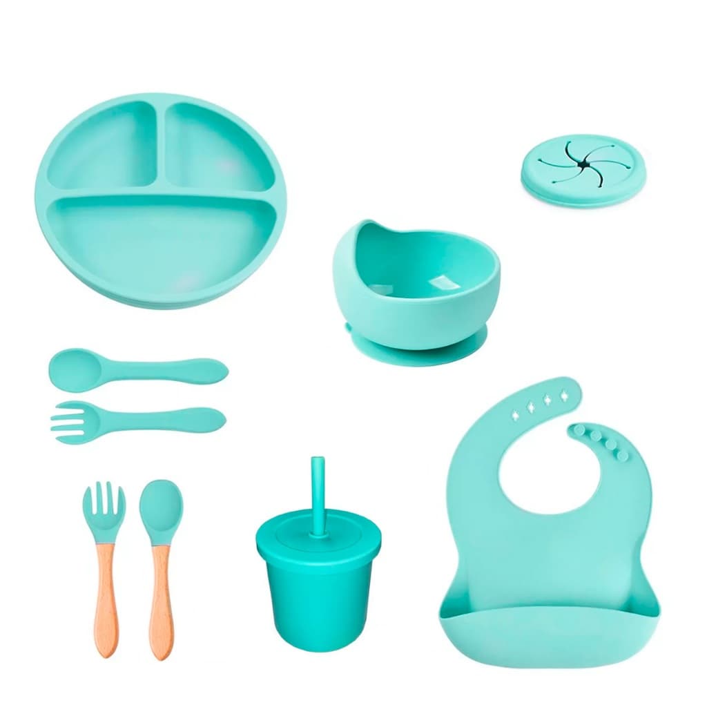 Conjunto 9pcs De Talheres Infantis Para Bebês Treinamento Prato De Jantar De Silicone Com Tigela De Ventosa