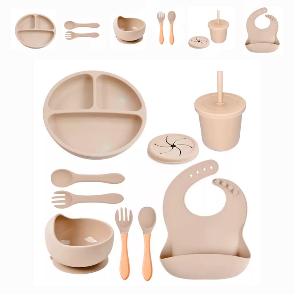 Conjunto 9pcs De Talheres De Silicone Com Tigela De Ventosa Infantis Para Bebês Treinamento Prato De Jantar
