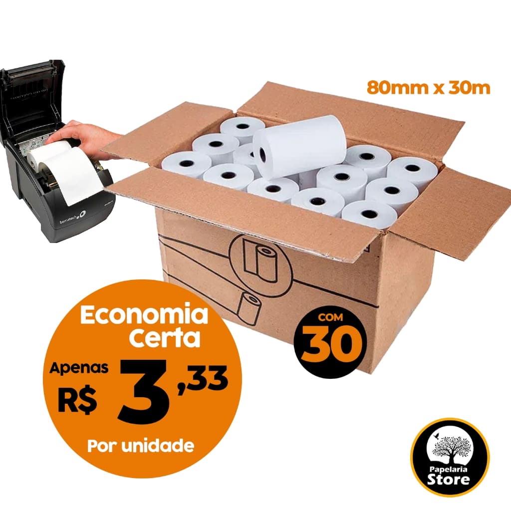 Bobina Térmica 80mm Caixa com 30 Rolos Para Cupom Fiscal e Não Fiscal PDV e ECF Impressora Térmica