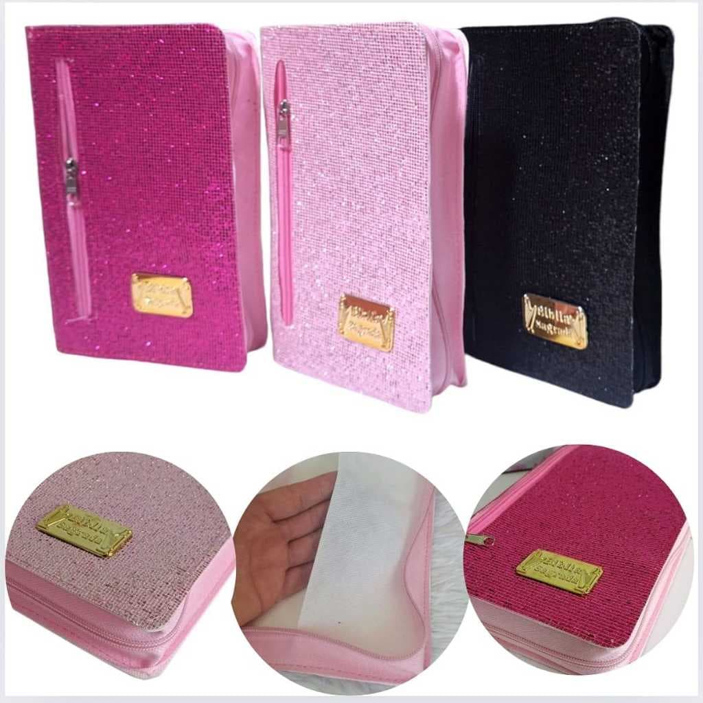 Capa para Bíblia Média Feminina com Zíper e Bolso Externo Porta Celular Glitter Perolada Brilho