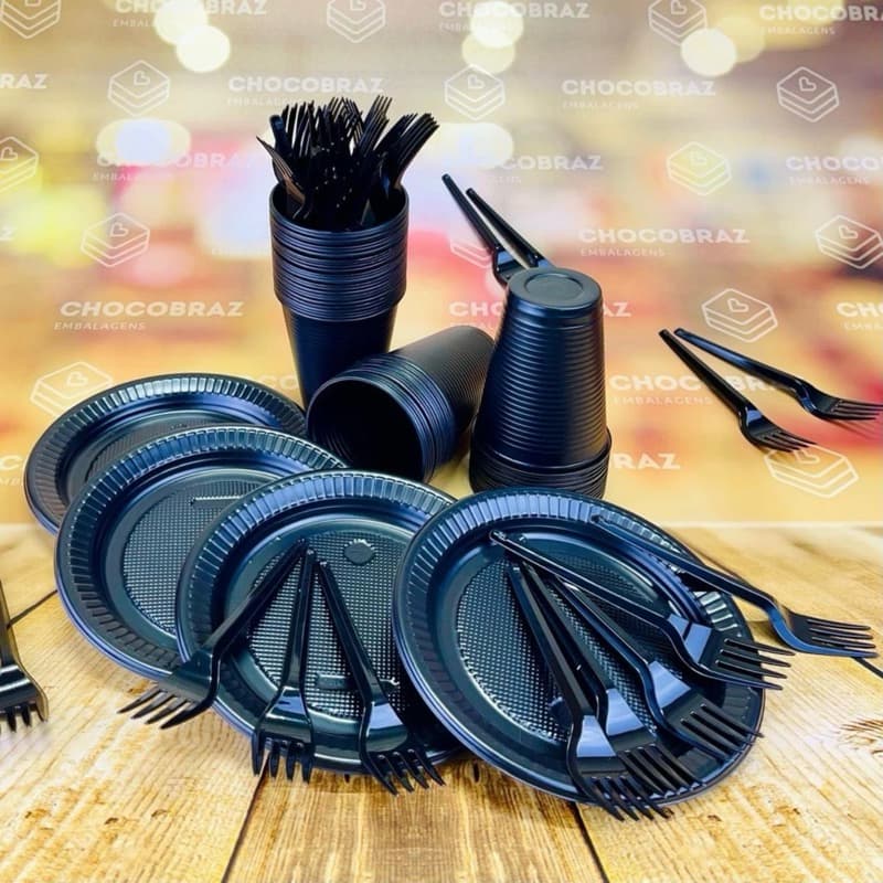 Kit Descartável Econômico 50~200 Pessoas Com 150~600 Itens PRETO OFF