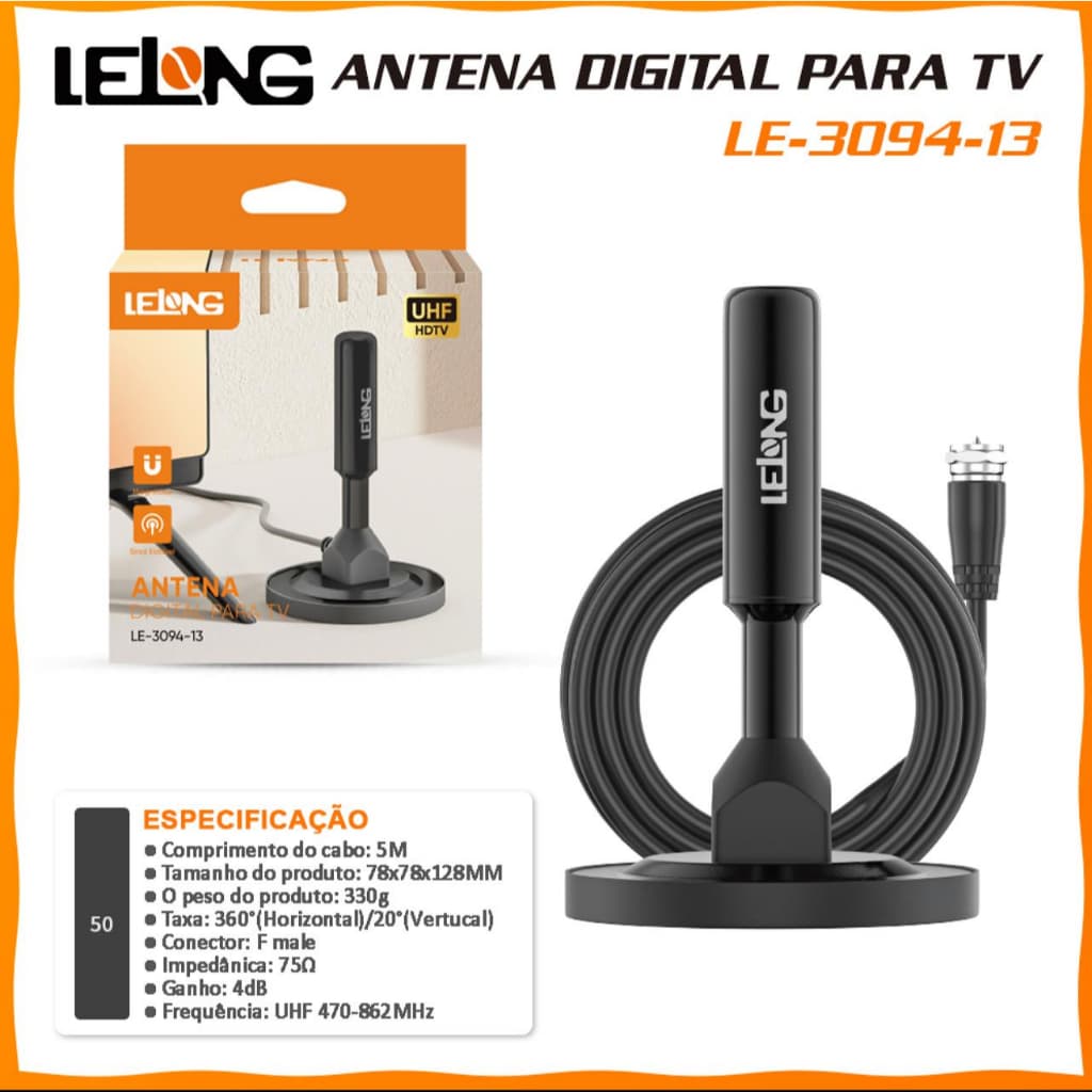 Antena Digital Hd 4 dbi Interna Externa Hdtv Uhf Vhf Cabo 5m