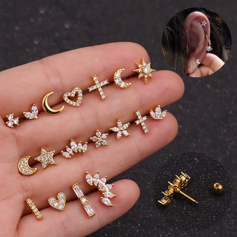 Kit 5 Peças Piercing Sortidos Para Orelhas / Tragus / Cartilagem / Helix