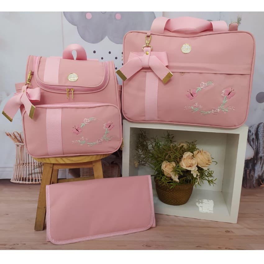 kit de bolsa maternidade 3 peças rosa bebê