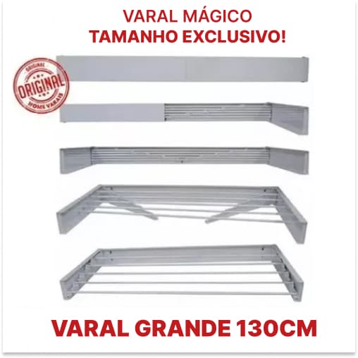 Varal Parede Retrátil Magico Gigante 130 cm 7 Varetas
