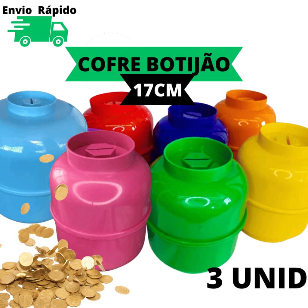 3 Cofrinhos Botijão 17cm Plástico Grande Resistente Moedas Nota Para Crianças Adulto Economizar