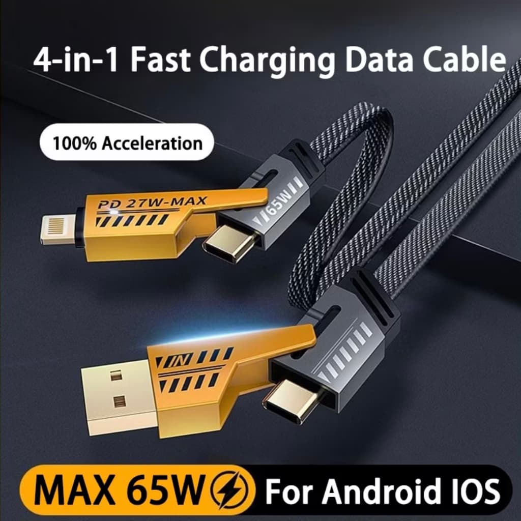 Cabo Turbo Tipo C para iPhone Xiaomi Samsung USB 4 em 1 Turbo 65W/PD 27W Cabeça de Metal Revestida de Nylon