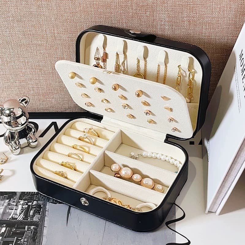 Porta Jóias Multi-Função Portátil De Couro Organizador De Duplo Compartimentos Jóias Bijuterias -Q2