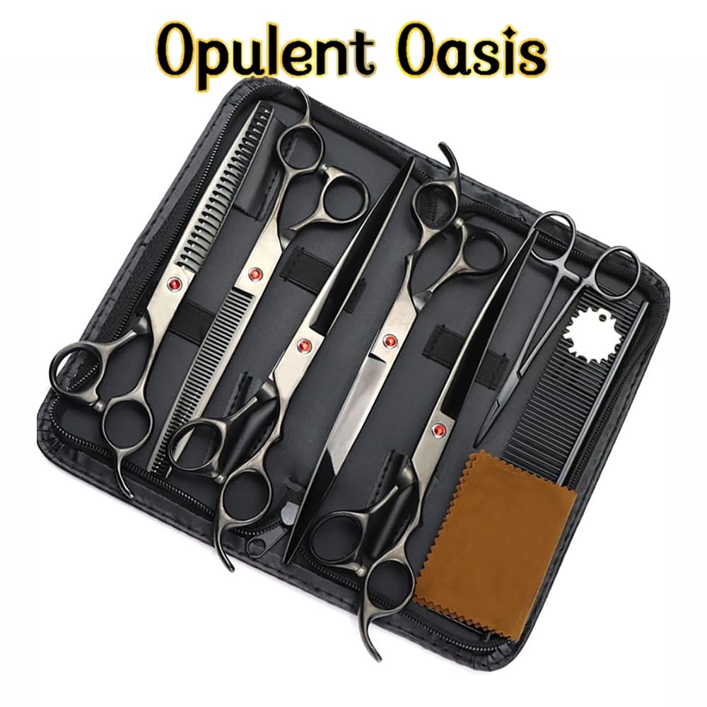 Opulent Oasis>>Kit Tesoura para Pet 7/5/2 Peças - Corte de Cabelo Galvanizado Preto Profissional para Tosa